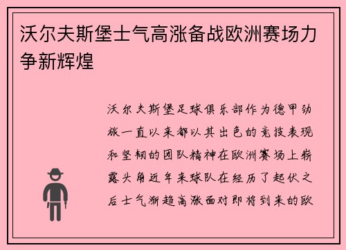 沃尔夫斯堡士气高涨备战欧洲赛场力争新辉煌