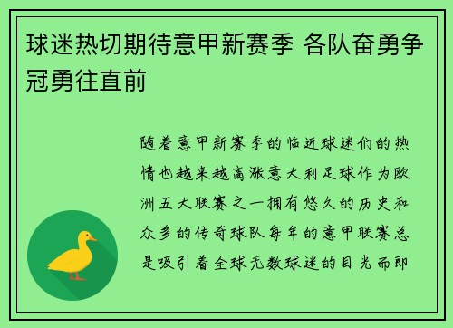 球迷热切期待意甲新赛季 各队奋勇争冠勇往直前