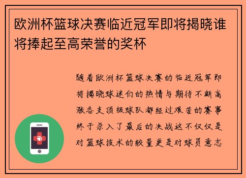 欧洲杯篮球决赛临近冠军即将揭晓谁将捧起至高荣誉的奖杯