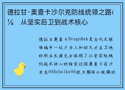 德拉甘·奥查卡沙尔克防线统领之路：从坚实后卫到战术核心