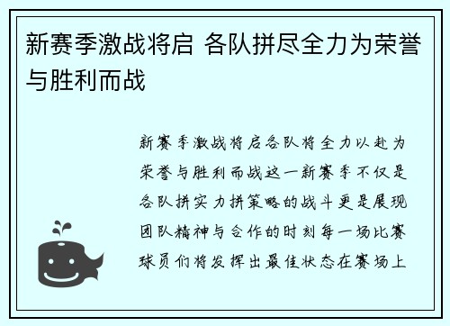 新赛季激战将启 各队拼尽全力为荣誉与胜利而战
