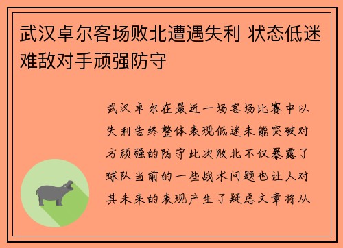 武汉卓尔客场败北遭遇失利 状态低迷难敌对手顽强防守