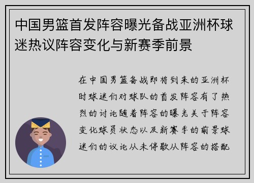 中国男篮首发阵容曝光备战亚洲杯球迷热议阵容变化与新赛季前景