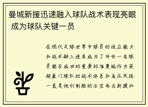 曼城新援迅速融入球队战术表现亮眼 成为球队关键一员