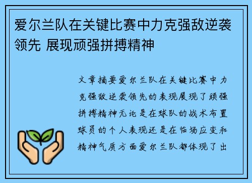 爱尔兰队在关键比赛中力克强敌逆袭领先 展现顽强拼搏精神