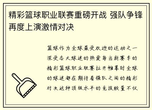 精彩篮球职业联赛重磅开战 强队争锋再度上演激情对决