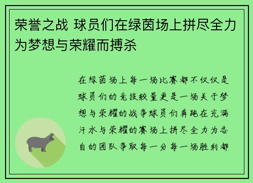 荣誉之战 球员们在绿茵场上拼尽全力为梦想与荣耀而搏杀